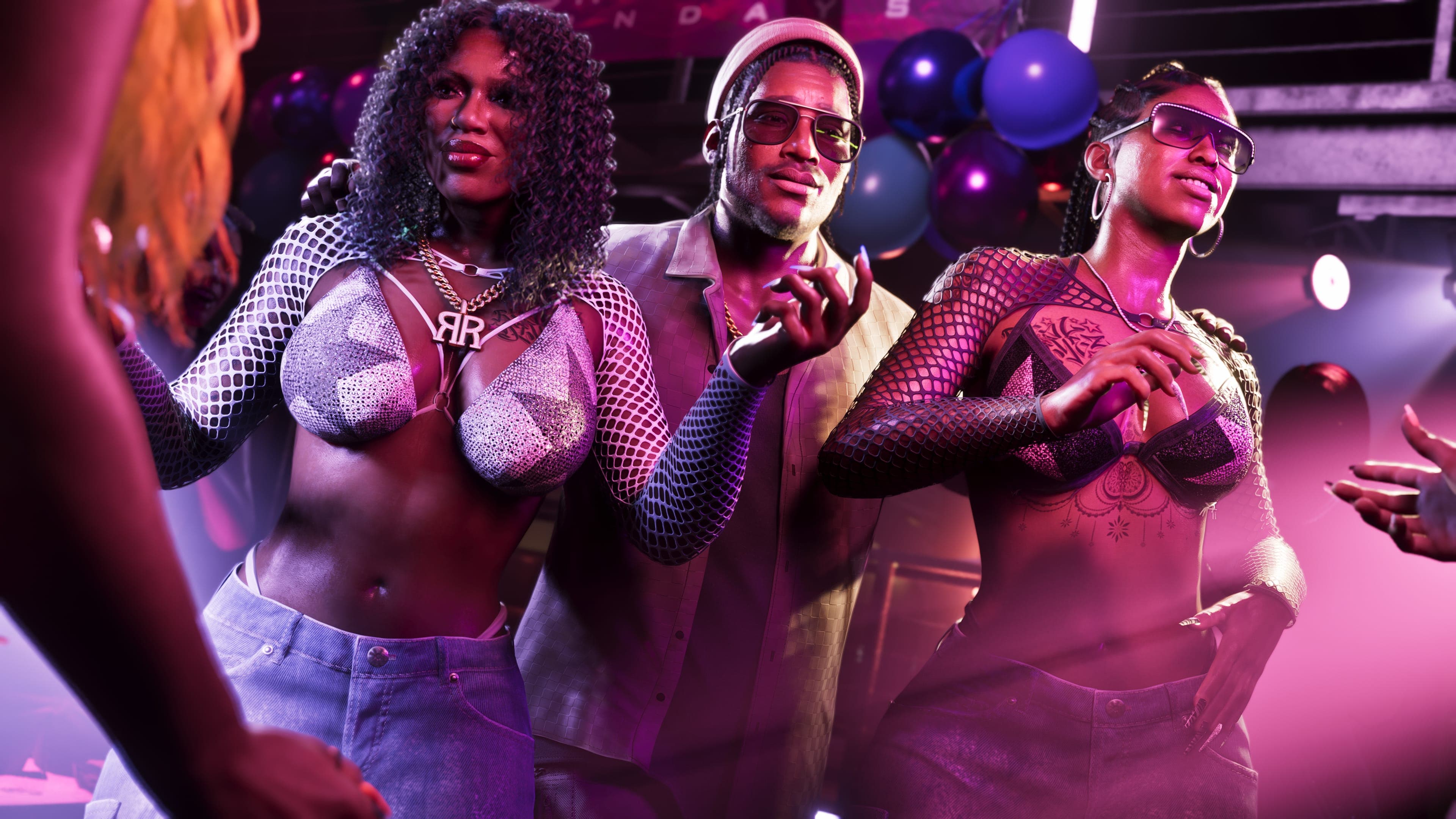 Official Rockstar Games render of Dre'Quan Priest — an aspiring music mogul, depicted at a Vice City nightclub between two members of the Real Dimez duo, wearing a white shirt and sunglasses.