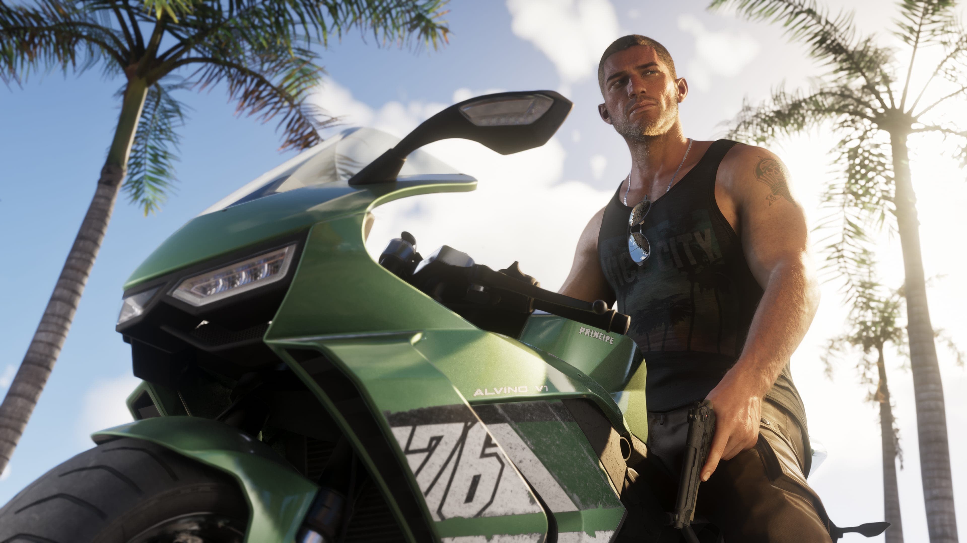 Official Rockstar Games render of Jason Duval — co-protagonist of Grand Theft Auto VI, depicted on a green Principe Alvino V1 motorcycle in Vice City with palm trees behind him.