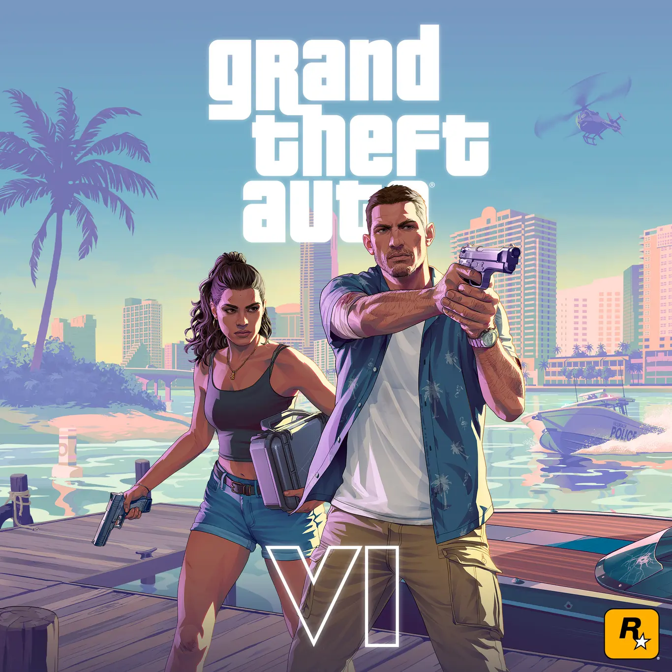 Grand Theft Auto VI key art — Jason and Lucia on a pier with the Vice City skyline behind them. Official artwork by Rockstar Games.